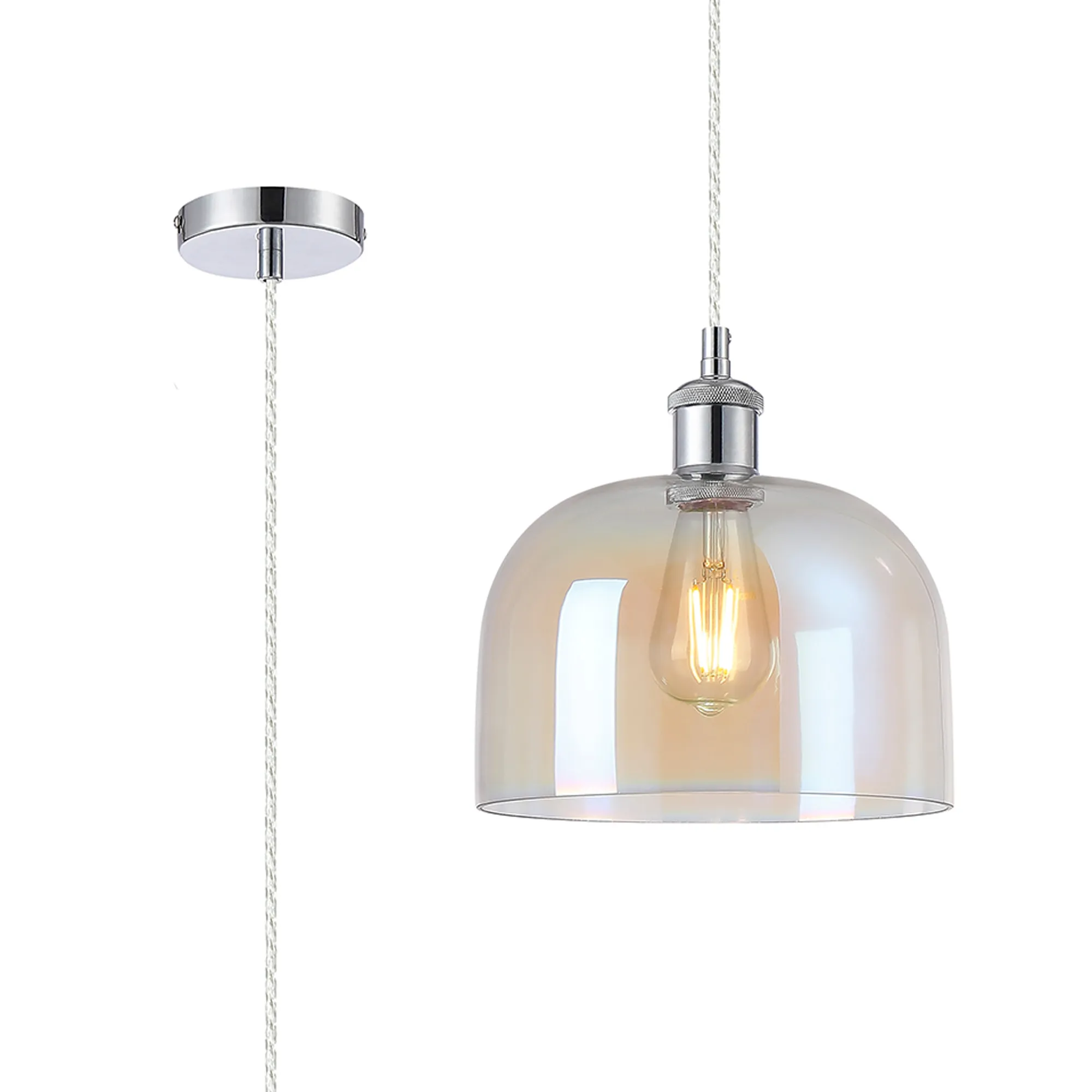 DK1134  Cawdor Single Pendant, 1 Light E27, Polished Chrome/Clear/Iridescent Cloche Glass